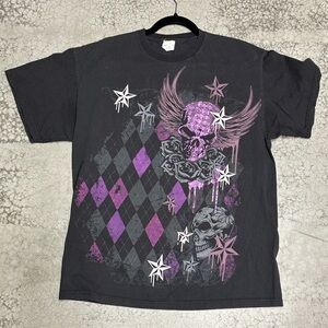 Vintage Y2K Skull Wings Roses Grunge T shirt Size L